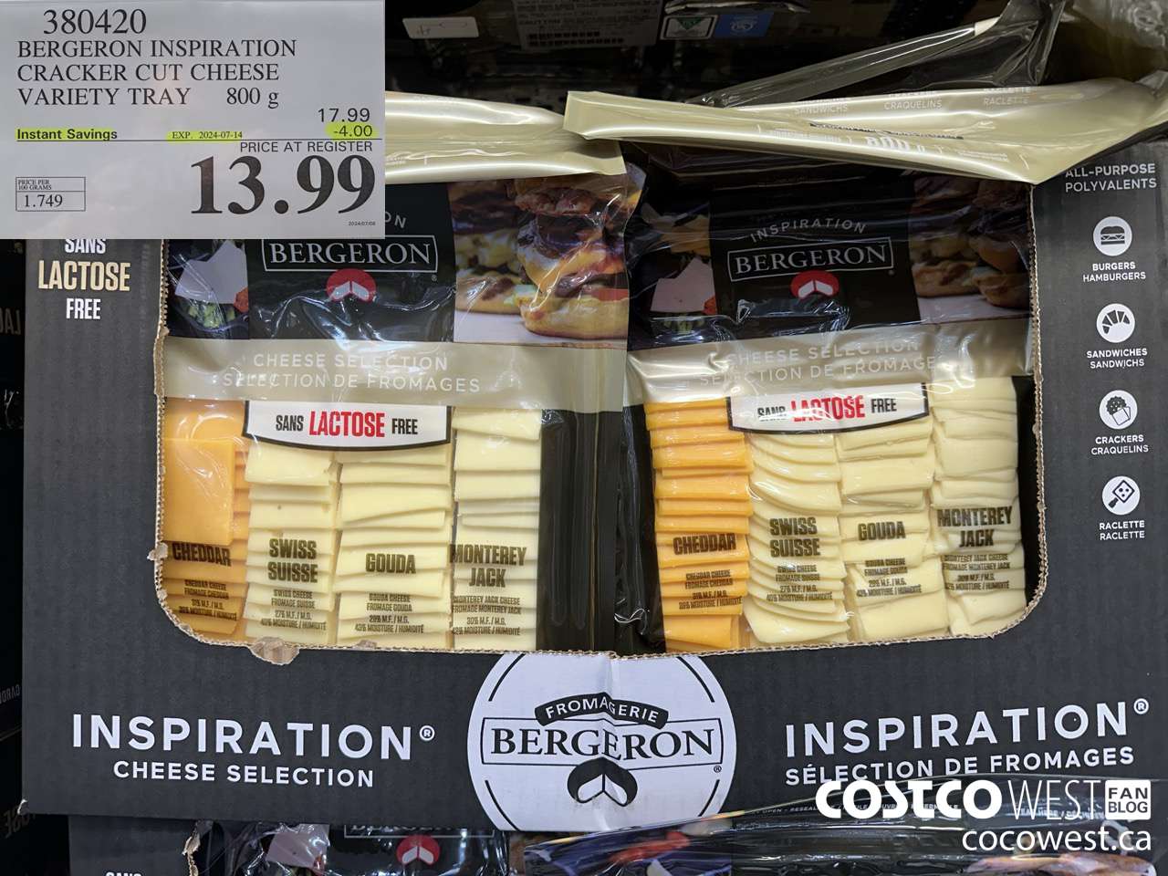 380420 BERGERON INSPIRATION CRACKER CUT CHEESE VARIETY TRAY 800g ($4.00 INSTANT SAVINGS EXPIRES ON 2024-07-14) $13.99