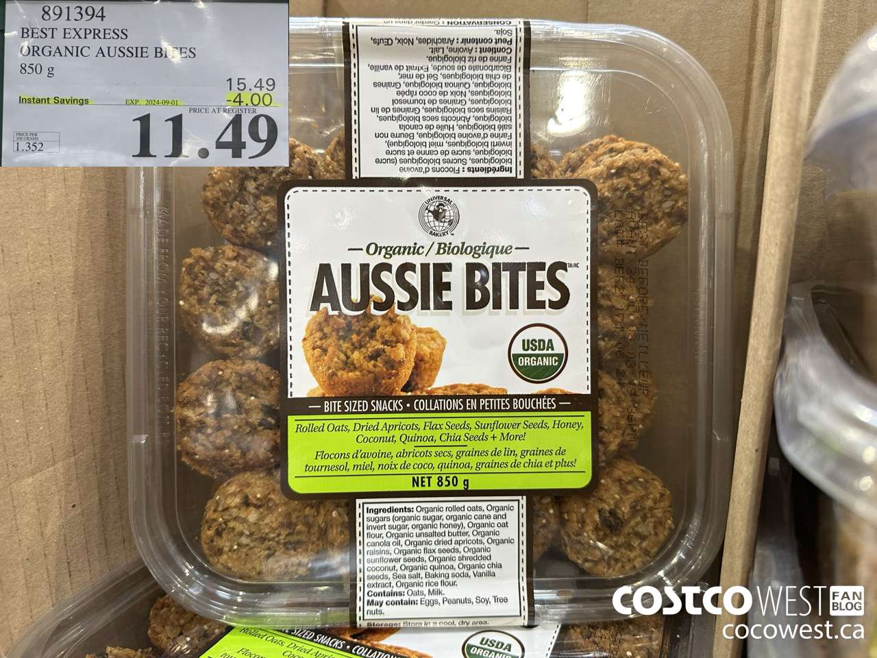 891394 BEST EXPRESS ORGANIC AUSSIE BITES 850 g ($4.00 INSTANT SAVINGS EXPIRES ON 2024-09-01) $11.49