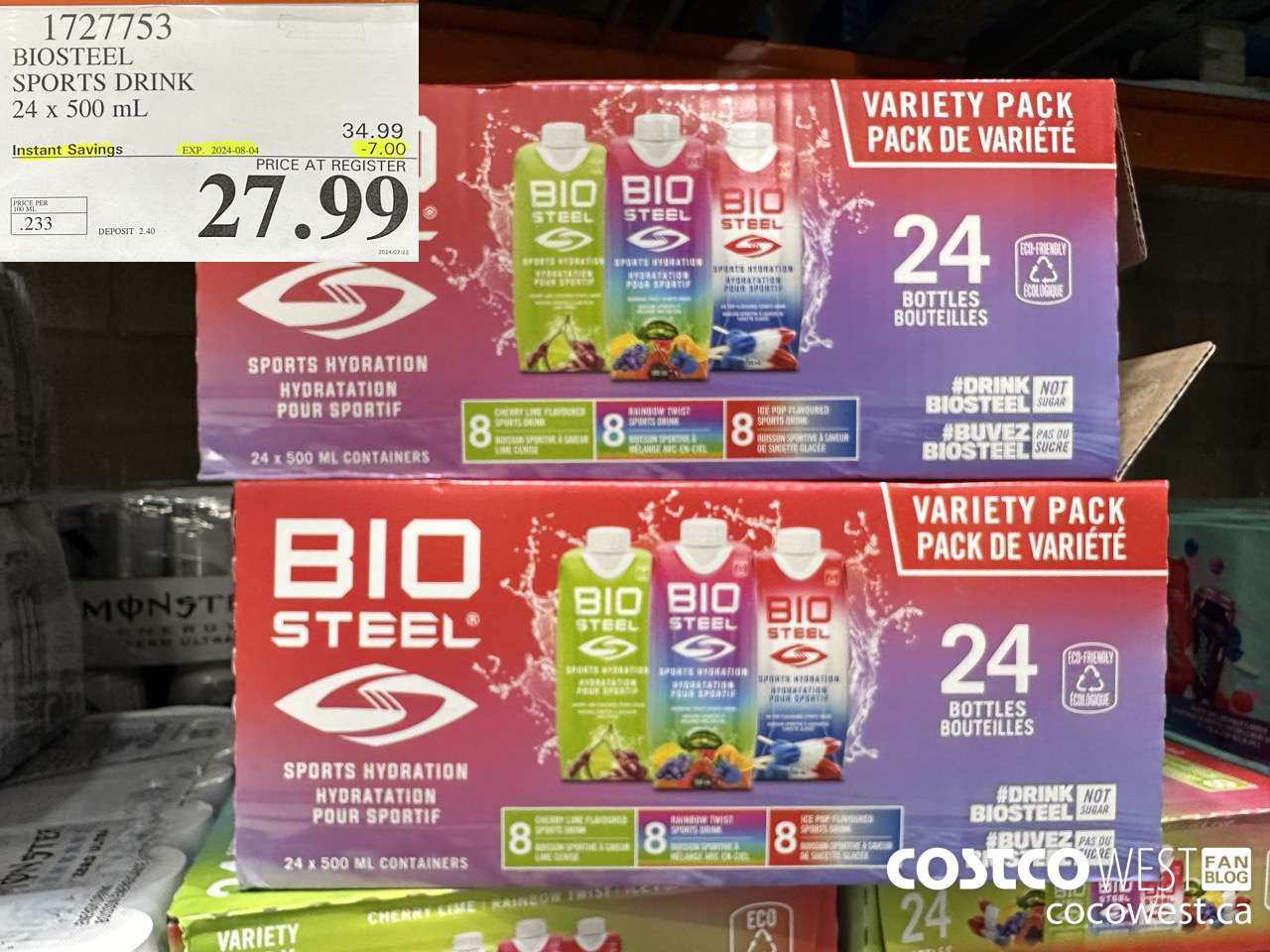 1727753 BIOSTEEL SPORTS DRINK 24 X 500 ML ($7.00 INSTANT SAVINGS EXPIRES ON 2024-08-04) $27.99