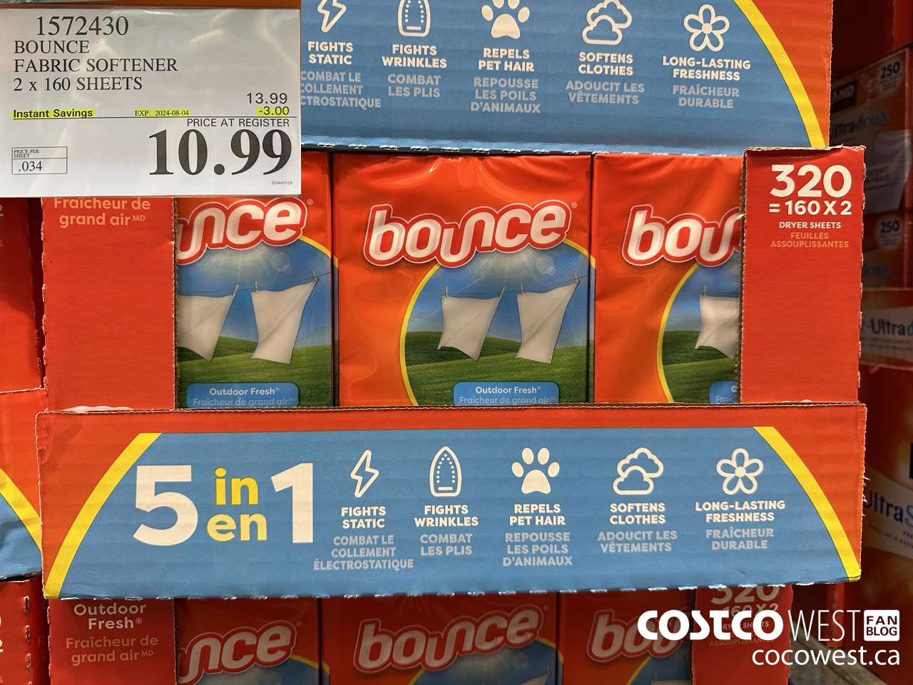 1572430 BOUNCE FABRIC SOFTENER 2 X 160 SHEETS ($3.00 INSTANT SAVINGS EXPIRES ON 2024-08-04) $10.99