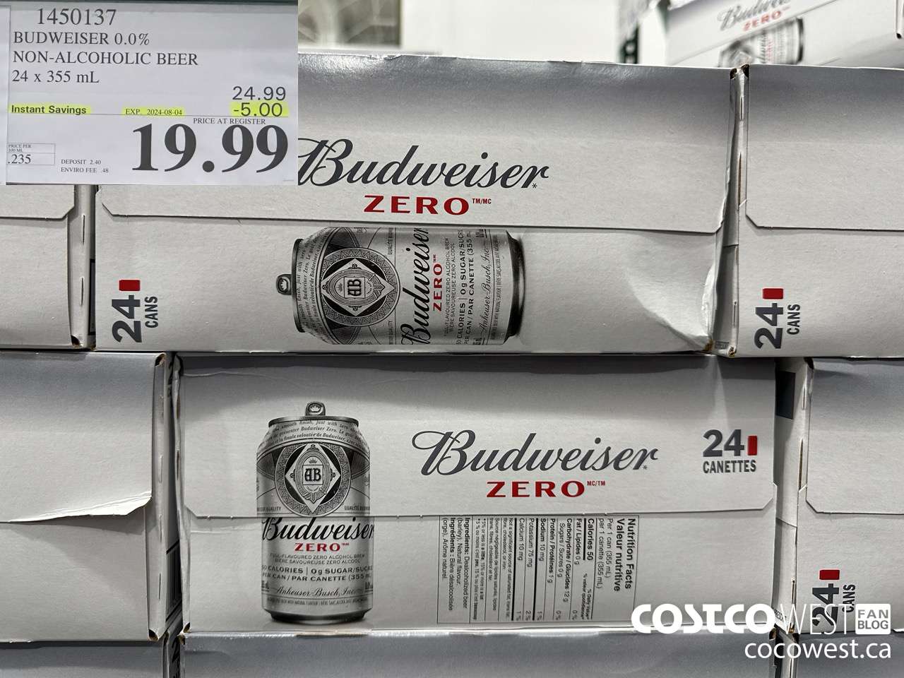 1450137 BUDWEISER 0.0% 24 x 355 mL ($5.00 INSTANT SAVINGS EXPIRES ON 2024-08-04) $19.99