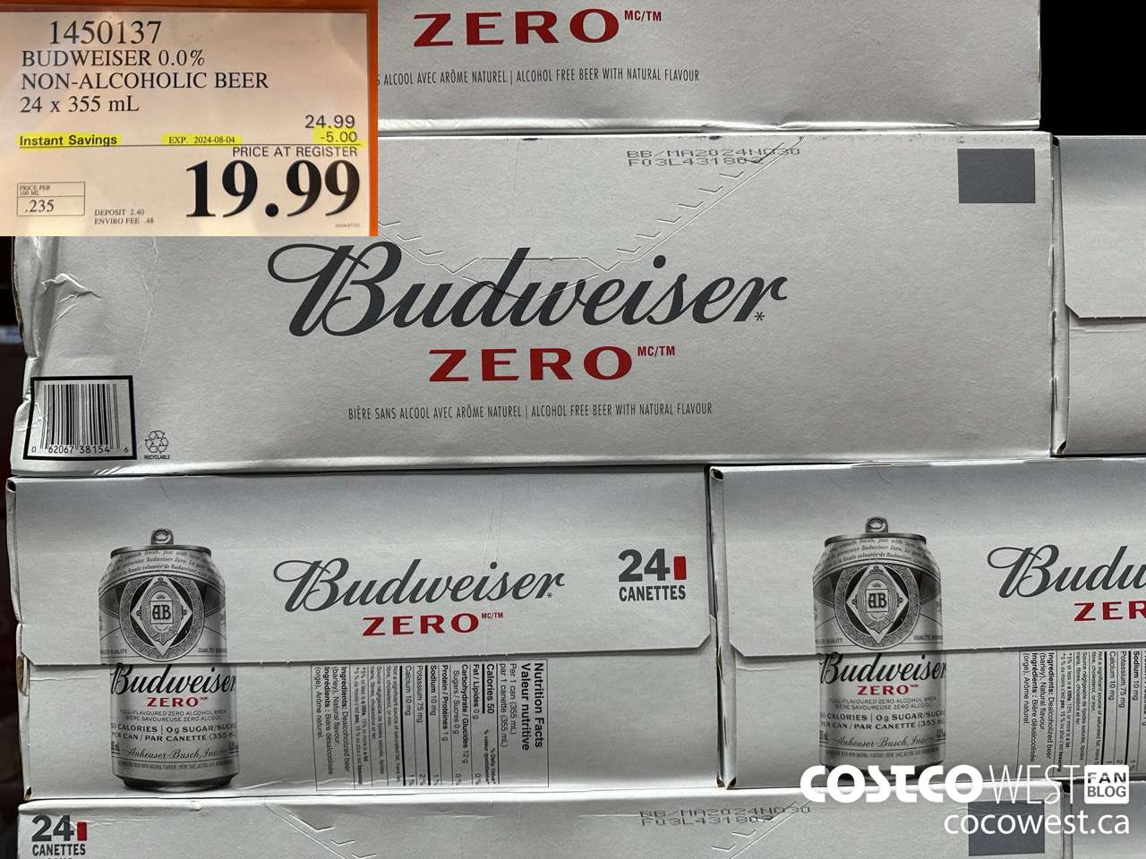 1450137 BUDWEISER 0.0% 24 x 355 mL ($5.00 INSTANT SAVINGS EXPIRES ON 2024-08-04) $19.99