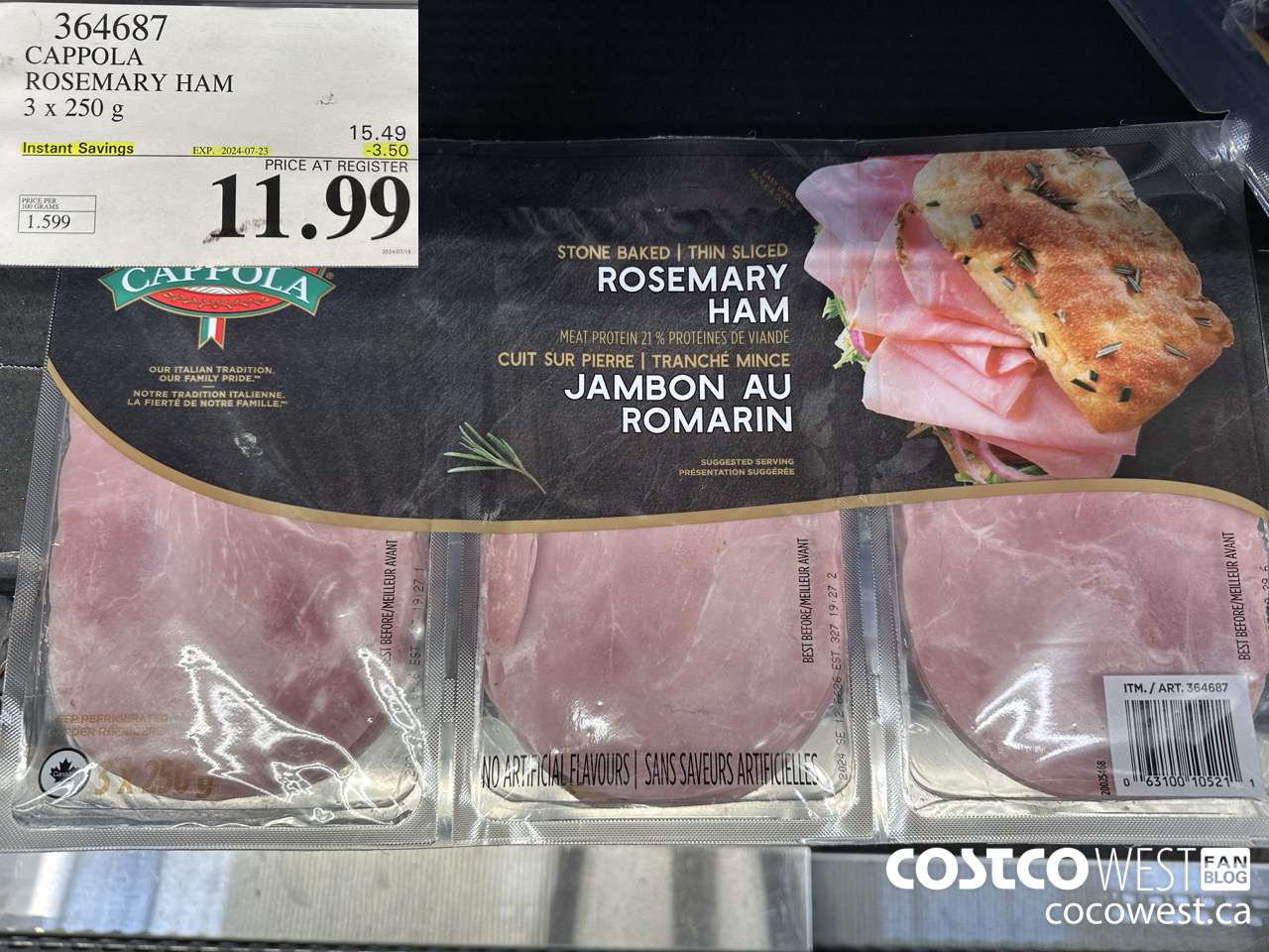 364687 CAPPOLA FOODS ROSEMARY HAM 3 x 250 g ($3.50 INSTANT SAVINGS EXPIRES ON 2024-07-23) $11.99
