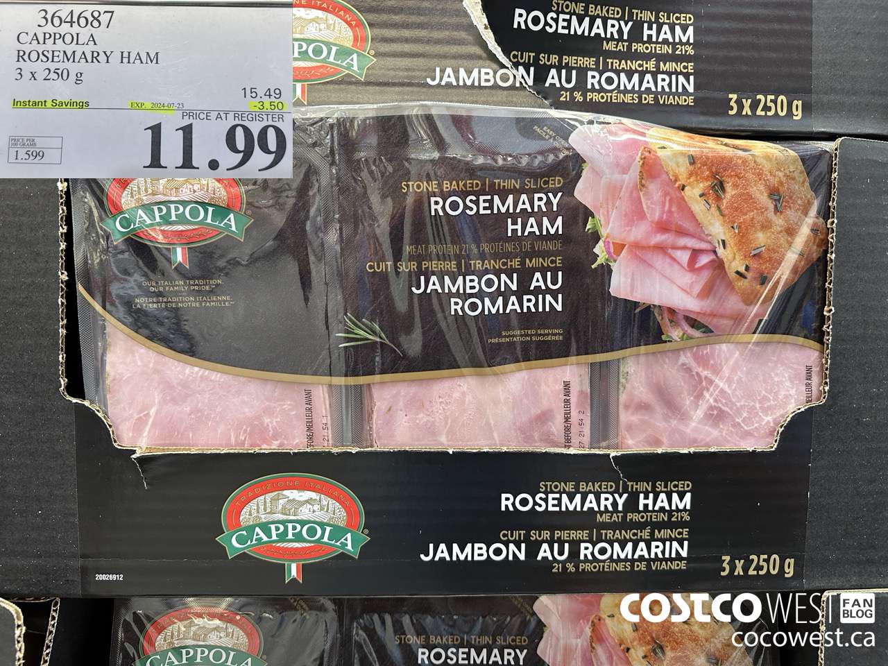 364687 CAPPOLA FOODS ROSEMARY HAM 3 x 250 g ($3.50 INSTANT SAVINGS EXPIRES ON 2024-07-23) $11.99