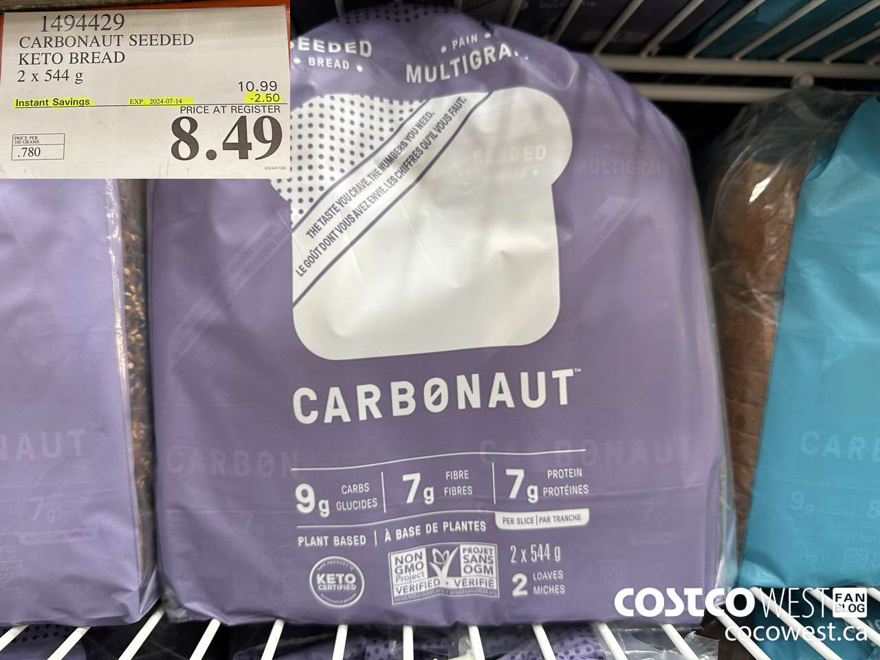 1494429 CARBONAUT SEEDED KETO BREAD 2 x 544 g ($2.50 INSTANT SAVINGS EXPIRES ON 2024-07-14) $8.49