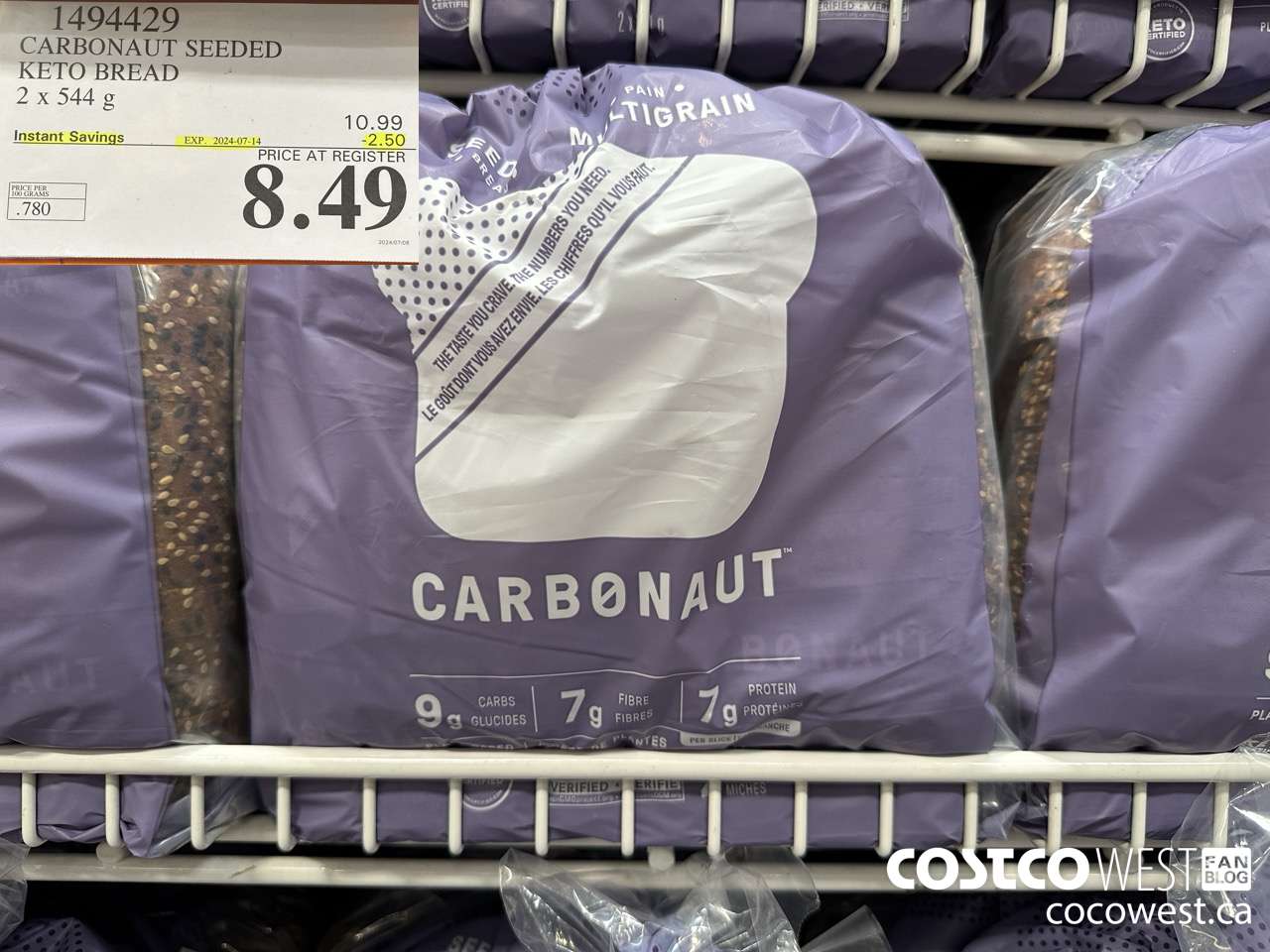 1494429 CARBONAUT SEEDED KETO BREAD 2 x 544 g ($2.50 INSTANT SAVINGS EXPIRES ON 2024-07-14) $8.49