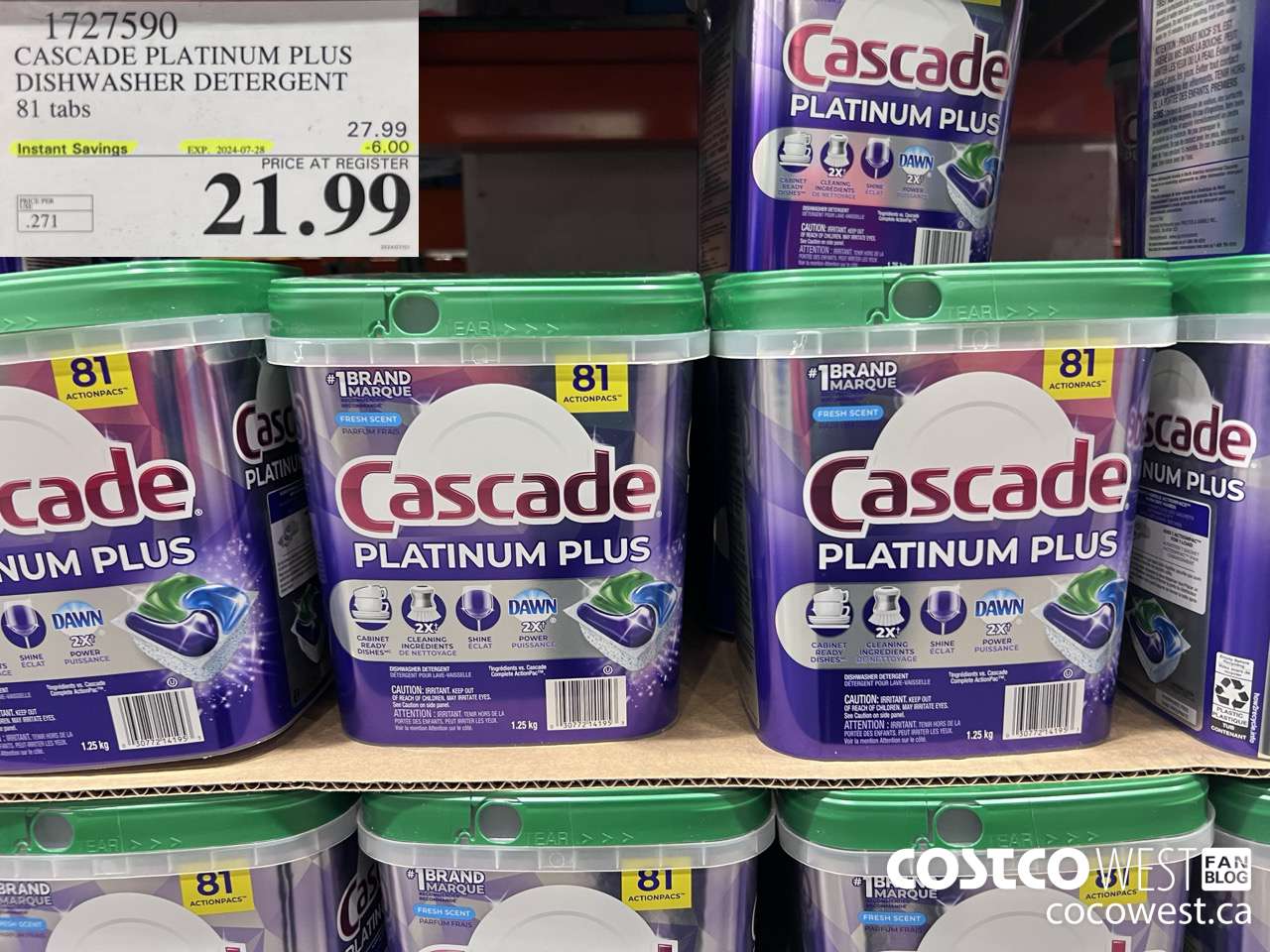 1727590 CASCADE PLATINUM PLUS DISHWASHER DETERGENT 81 TABS ($6.00 INSTANT SAVINGS EXPIRES ON 2024-07-28) $21.99