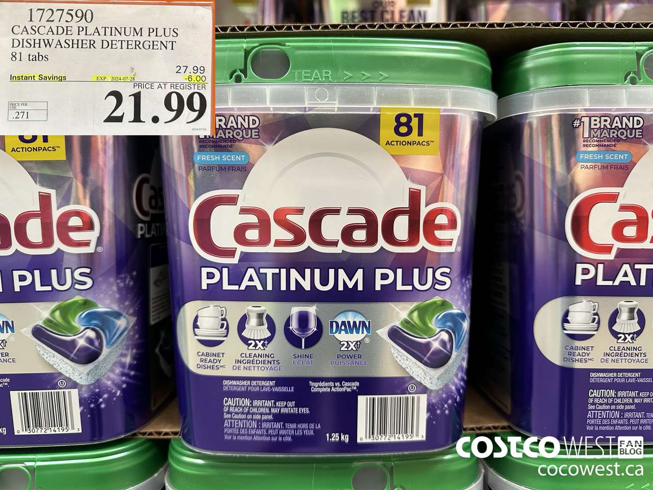 1727590 CASCADE PLATINUM PLUS DISHWASHER DETERGENT 81 TABS ($6.00 INSTANT SAVINGS EXPIRES ON 2024-07-28) $21.99