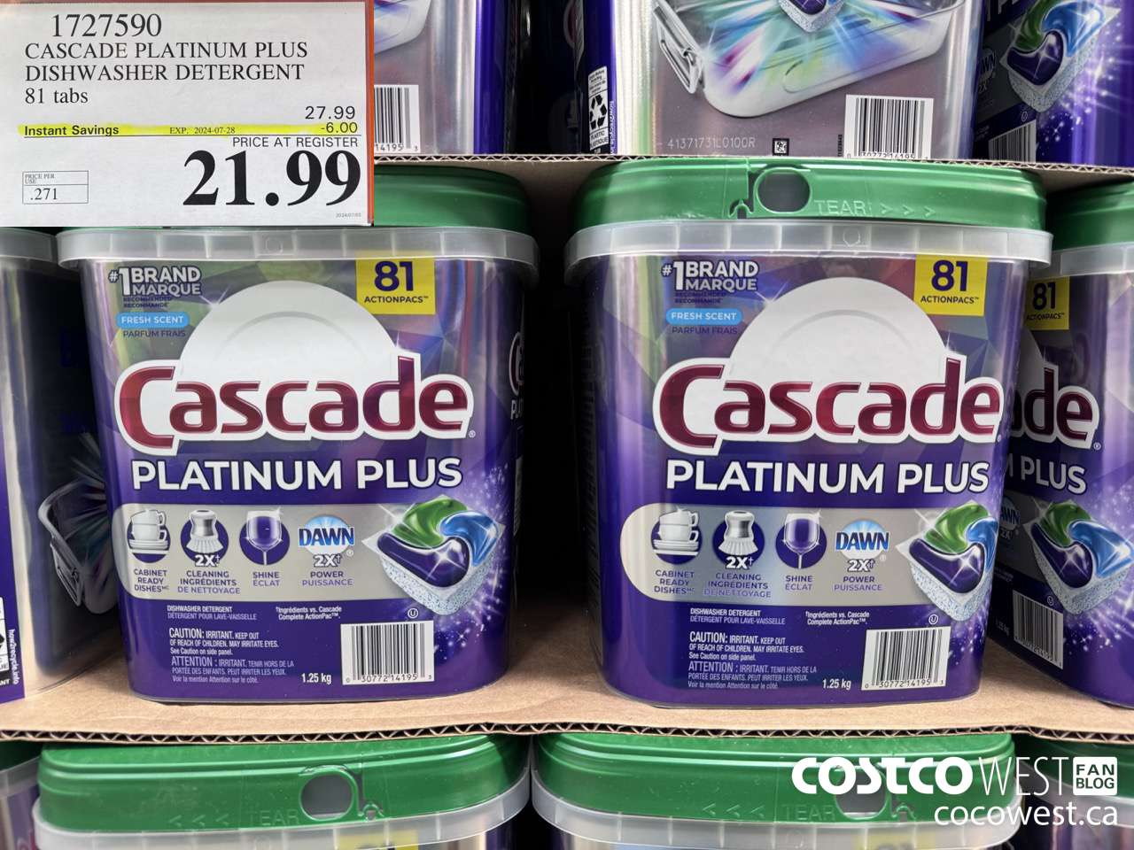 1727590 CASCADE PLATINUM PLUS DISHWASHER DETERGENT 81 TABS ($6.00 INSTANT SAVINGS EXPIRES ON 2024-07-28) $21.99