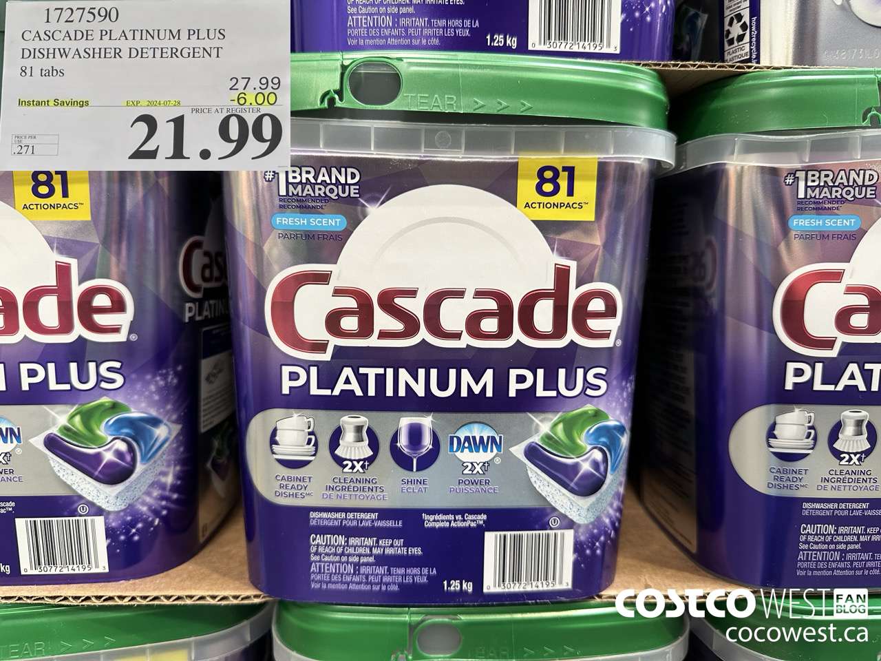 1727590 CASCADE PLATINUM PLUS DISHWASHER DETERGENT 81 TABS ($6.00 INSTANT SAVINGS EXPIRES ON 2024-07-28) $21.99