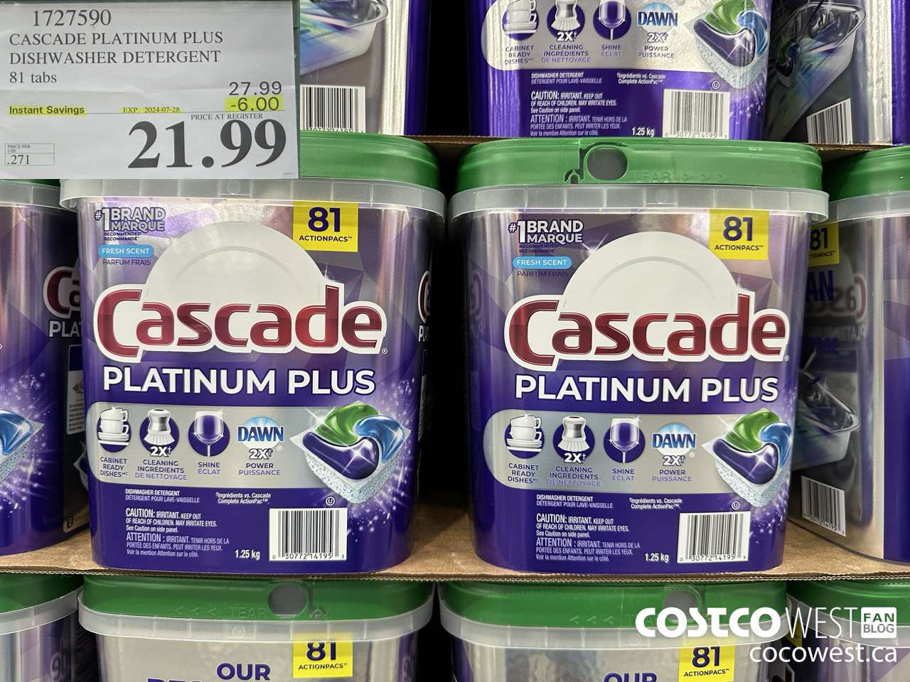 1727590 CASCADE PLATINUM PLUS DISHWASHER DETERGENT 81 TABS ($6.00 INSTANT SAVINGS EXPIRES ON 2024-07-28) $21.99
