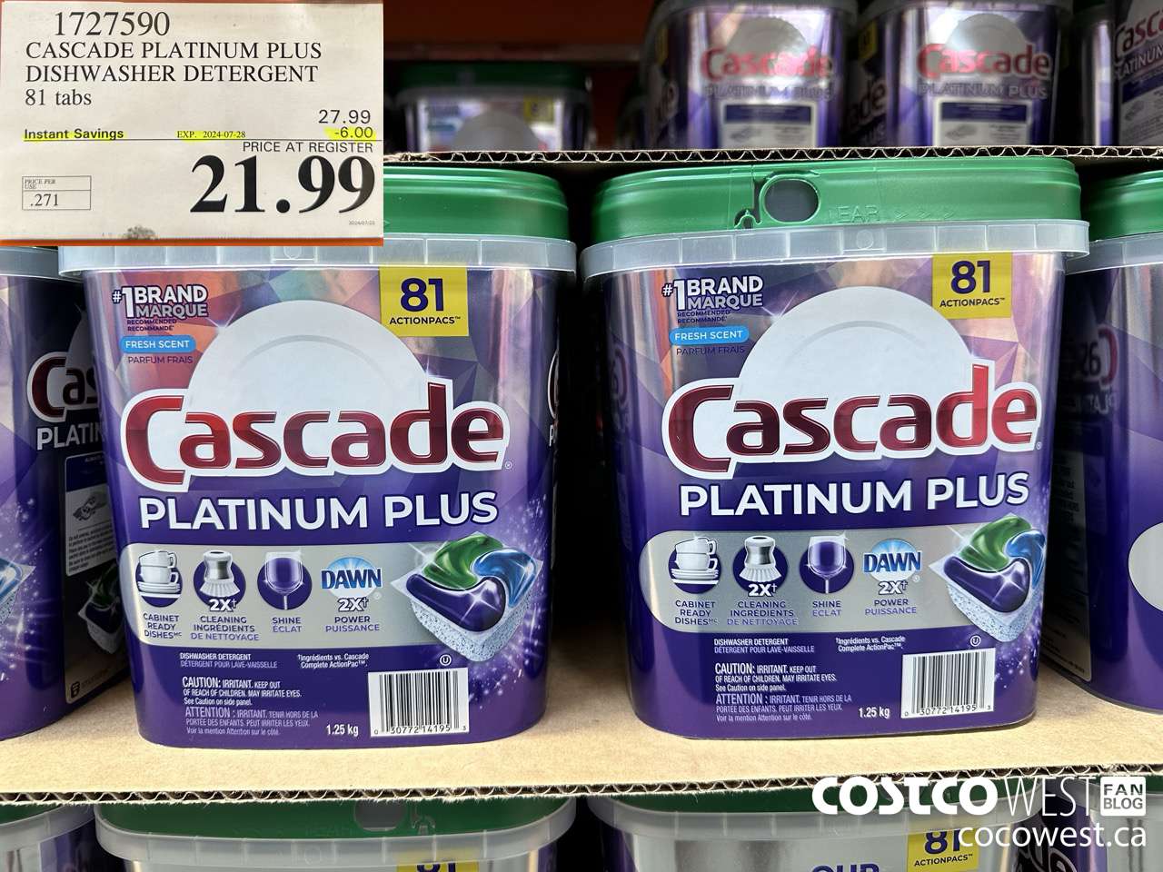 1727590 CASCADE PLATINUM PLUS DISHWASHER DETERGENT 81 TABS ($6.00 INSTANT SAVINGS EXPIRES ON 2024-07-28) $21.99