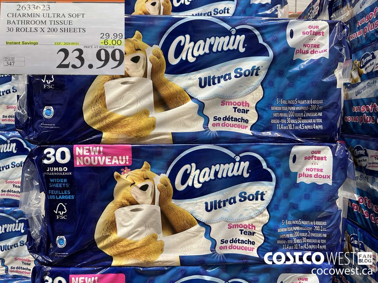 2633623 CHARMIN ULTRA SOFT BATHROOM TISSUE 30 ROLLS X 200 SHEETS ($6.00 INSTANT SAVINGS EXPIRES ON 2024-09-01) $23.99