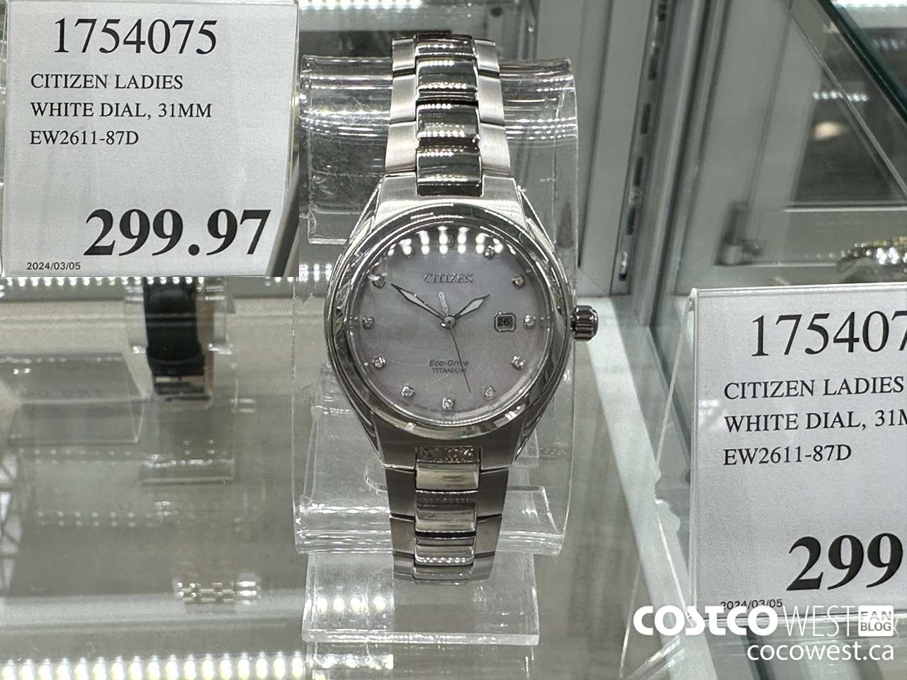 1754075 CITIZEN LADIES WHITE DIAL 31MM EW2611-87D $299.97