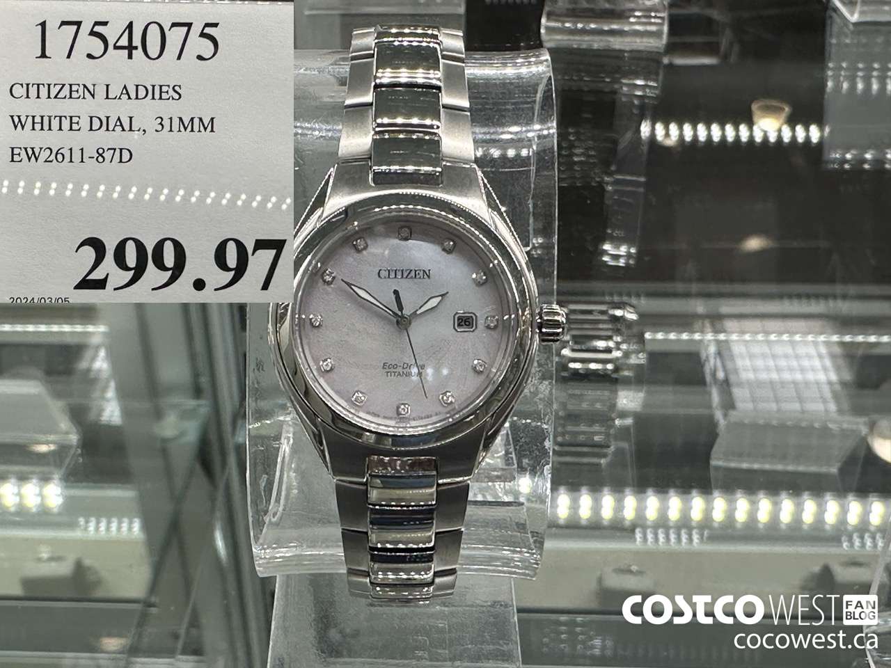 1754075 CITIZEN LADIES WHITE DIAL 31MM EW2611-87D $299.97