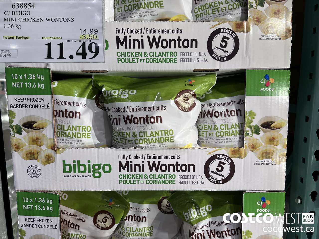 638854 CJ BIBIGO MINI CHICKEN WONTONS 1.36 KG ($3.50 INSTANT SAVINGS EXPIRES ON 2024-07-28) $11.49