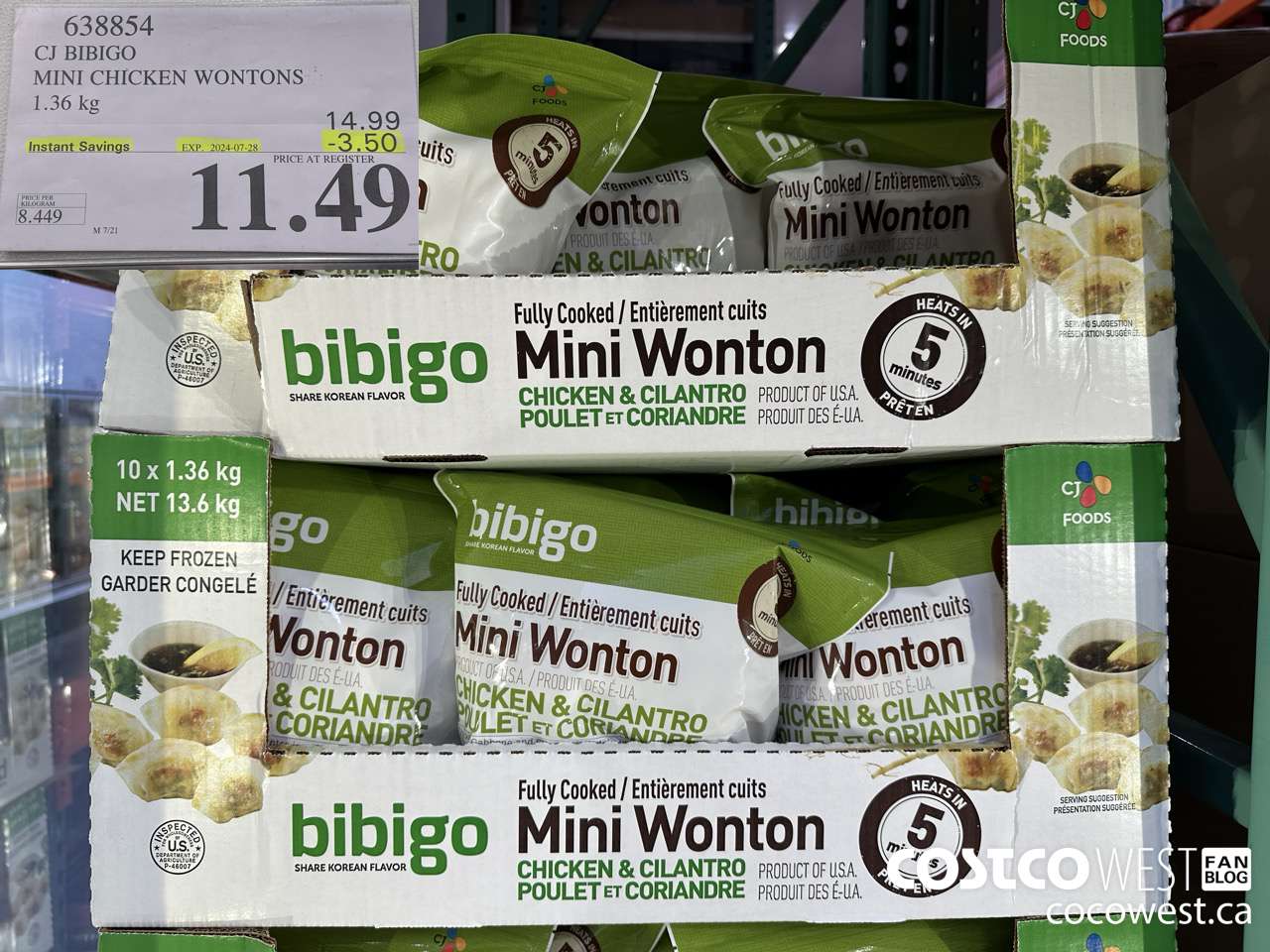 638854 CJ BIBIGO MINI CHICKEN WONTONS 1.36 KG ($3.50 INSTANT SAVINGS EXPIRES ON 2024-07-28) $11.49