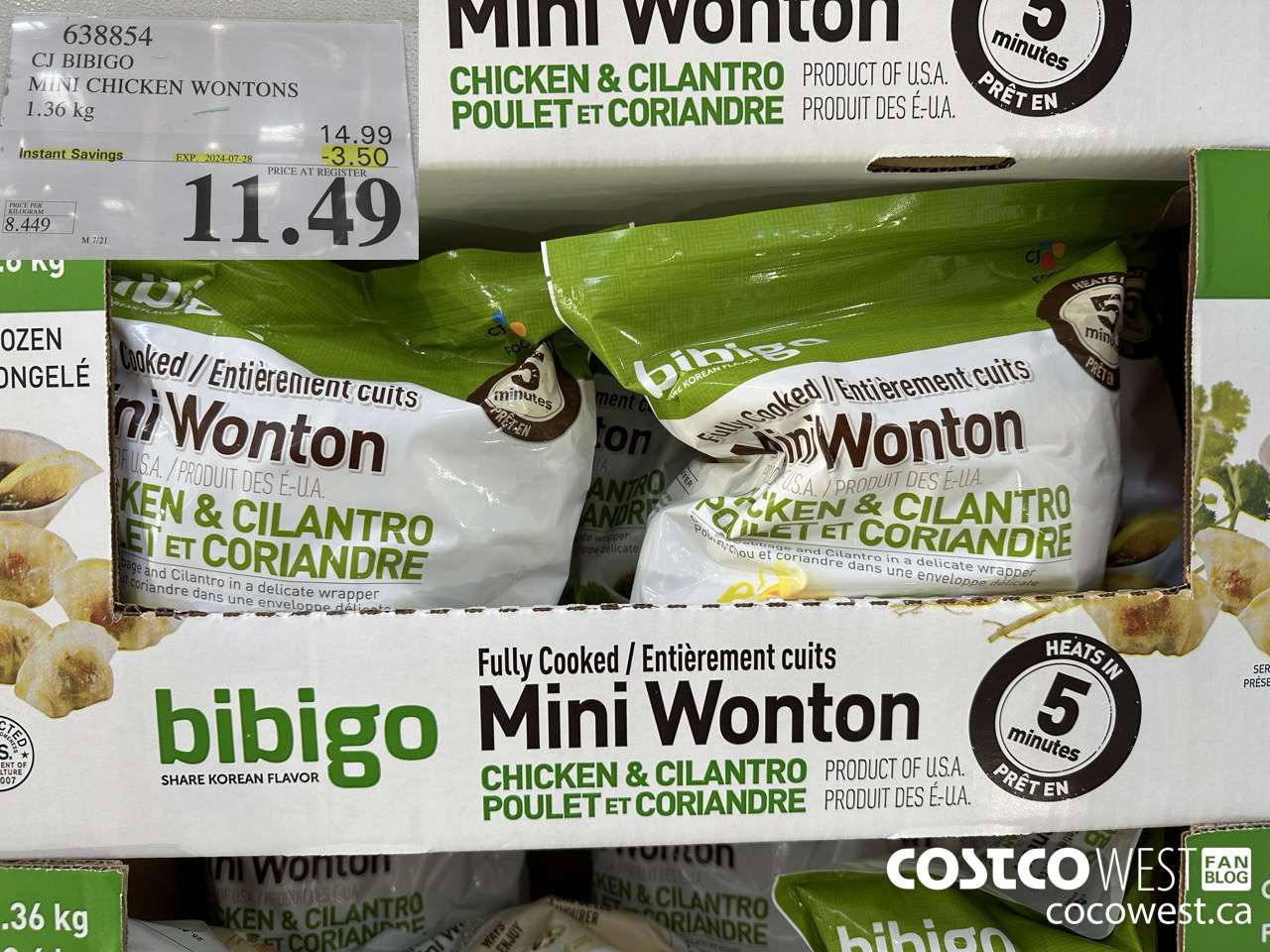 638854 CJ BIBIGO MINI CHICKEN WONTONS 1.36 KG ($3.50 INSTANT SAVINGS EXPIRES ON 2024-07-28) $11.49