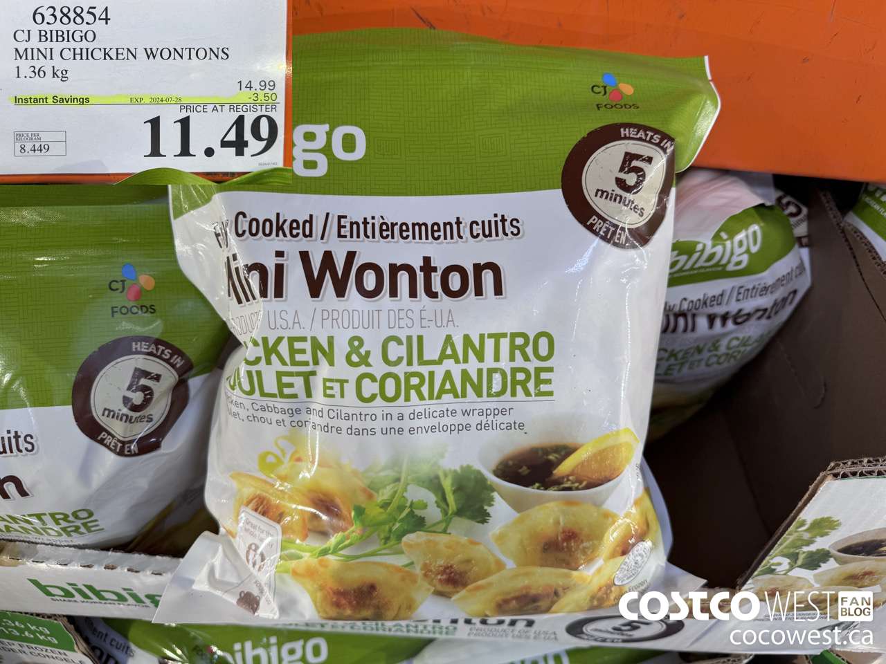 638854 CJ BIBIGO MINI CHICKEN WONTONS 1.36 KG ($3.50 INSTANT SAVINGS EXPIRES ON 2024-07-28) $11.49