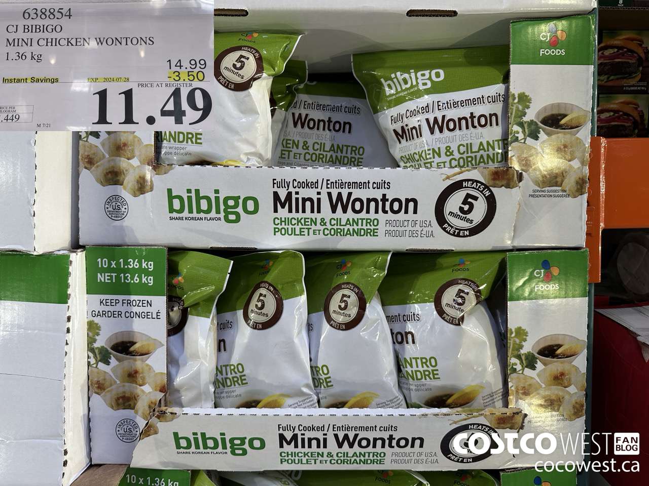 638854 CJ BIBIGO MINI CHICKEN WONTONS 1.36 KG ($3.50 INSTANT SAVINGS EXPIRES ON 2024-07-28) $11.49