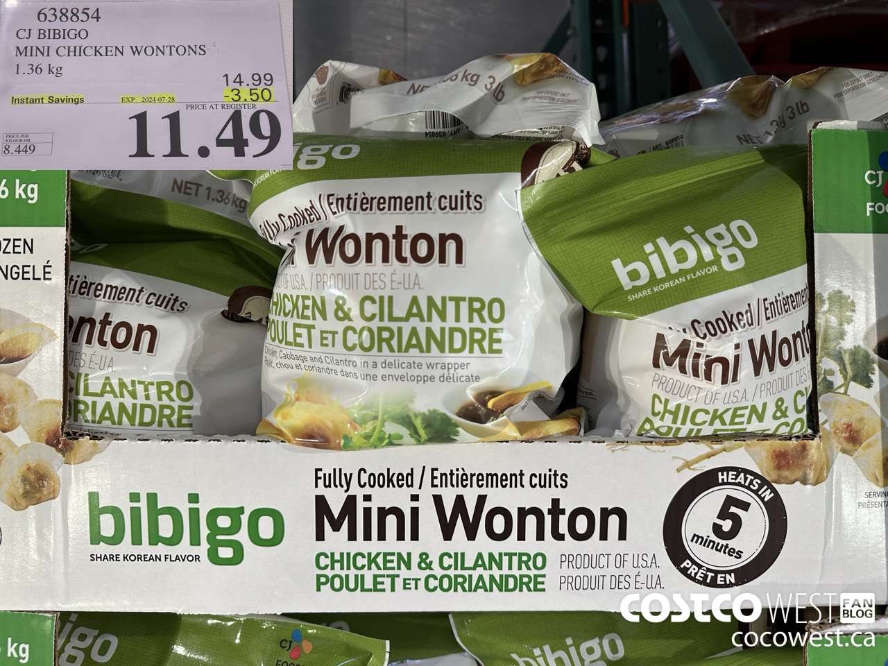 638854 CJ BIBIGO MINI CHICKEN WONTONS 1.36 KG ($3.50 INSTANT SAVINGS EXPIRES ON 2024-07-28) $11.49