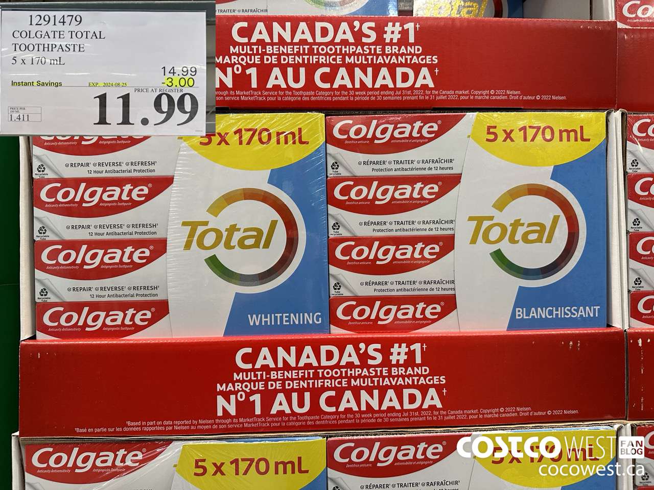 1291479 COLGATE TOTAL TOOTHPASTE 5 x 170 mL ($3.00 INSTANT SAVINGS EXPIRES ON 2024-08-25) $11.99