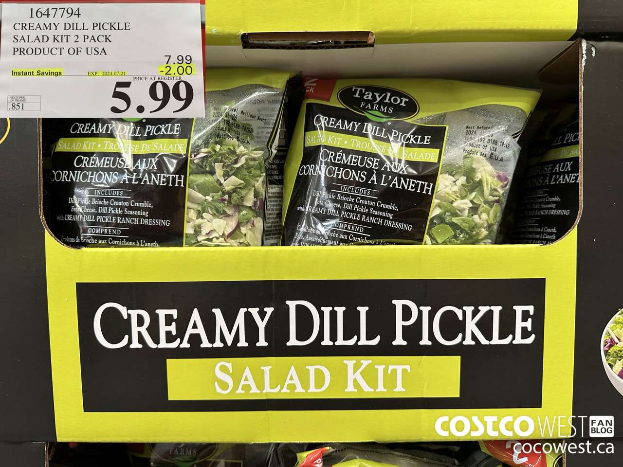 1647794 CREAMY DILL PICKLE SALAD KIT 2 PACK PRODUCT OF USA ($2.00 INSTANT SAVINGS EXPIRES ON 2024-07-21) $5.99