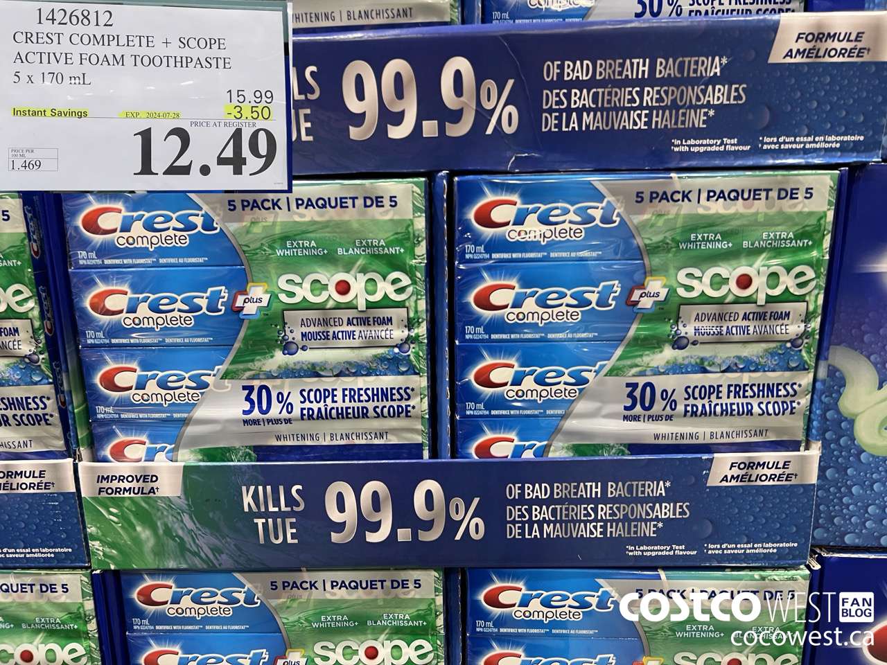 1426812 CREST COMPLETE + SCOPE ACTIVE FOAM TOOTHPASTE 5 x 170ml  ($3.50 INSTANT SAVINGS EXPIRES ON 2024-07-28) $12.49