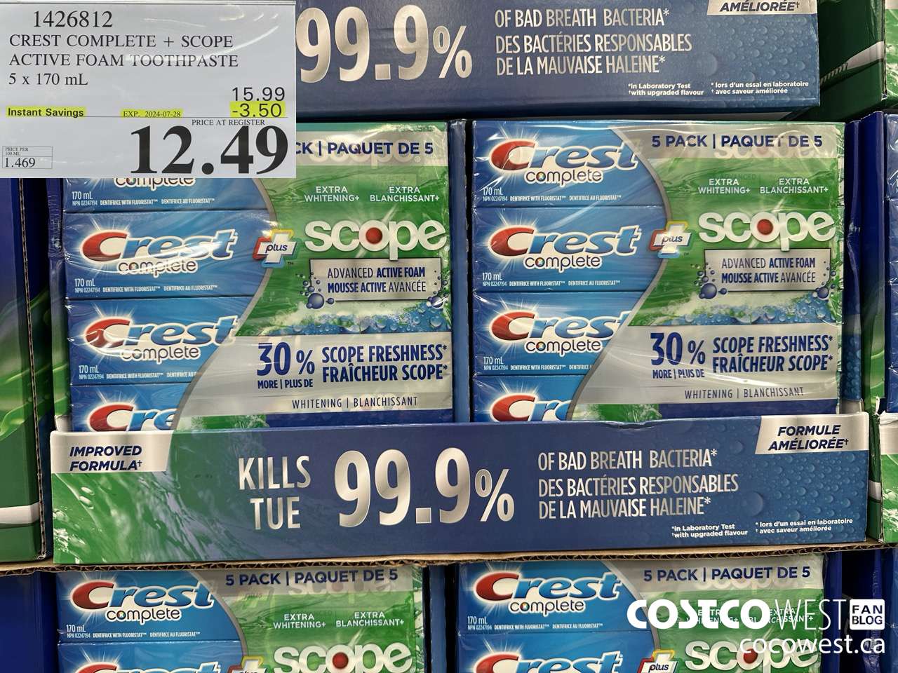 1426812 CREST COMPLETE + SCOPE ACTIVE FOAM TOOTHPASTE 5 x 170ml  ($3.50 INSTANT SAVINGS EXPIRES ON 2024-07-28) $12.49