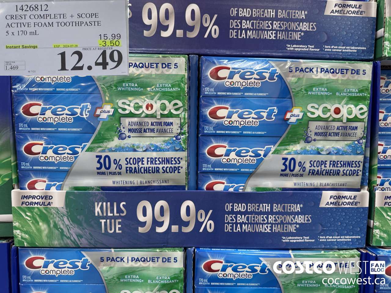 1426812 CREST COMPLETE + SCOPE ACTIVE FOAM TOOTHPASTE 5 x 170ml  ($3.50 INSTANT SAVINGS EXPIRES ON 2024-07-28) $12.49