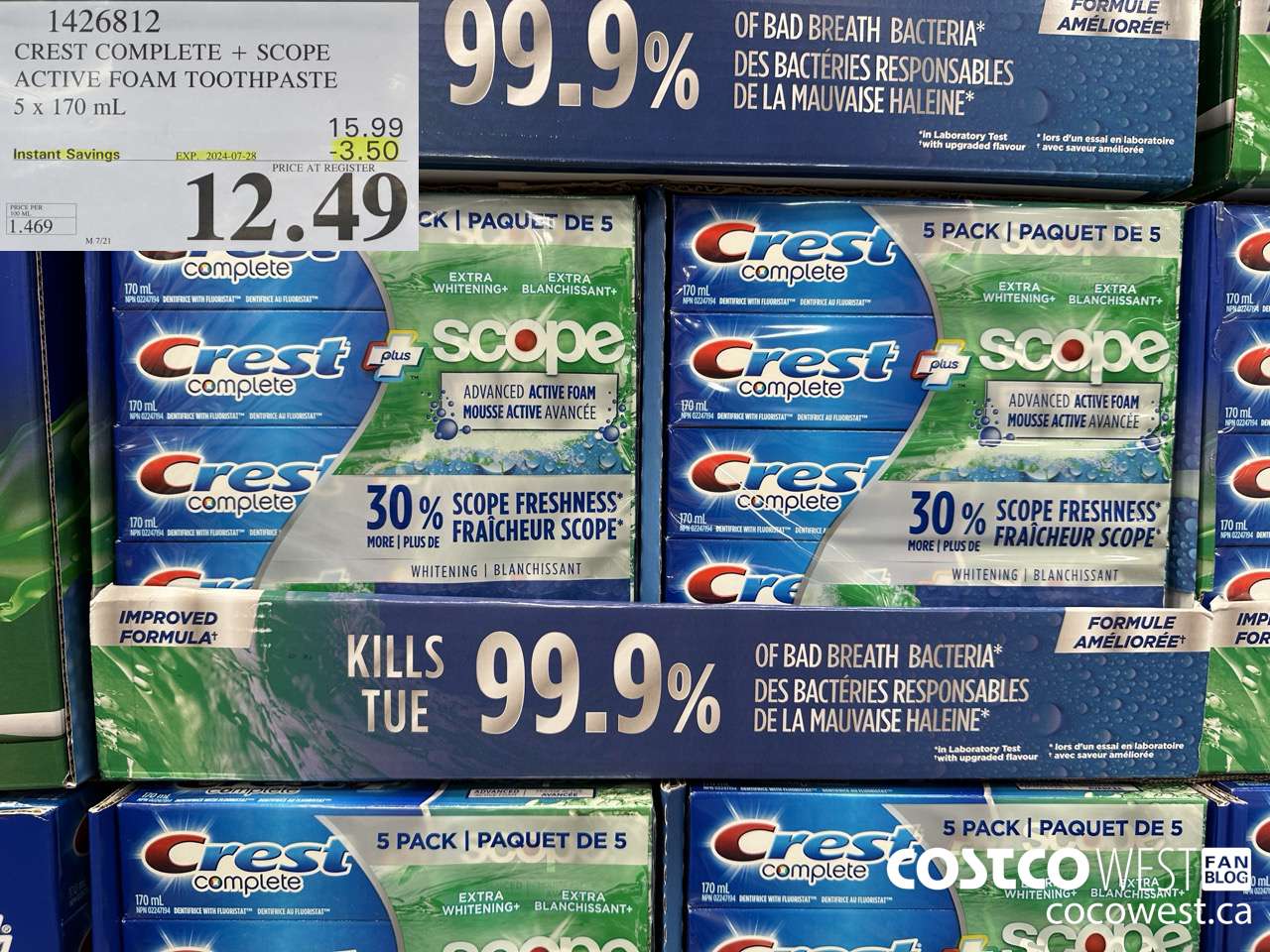 1426812 CREST COMPLETE + SCOPE ACTIVE FOAM TOOTHPASTE 5 x 170ml  ($3.50 INSTANT SAVINGS EXPIRES ON 2024-07-28) $12.49