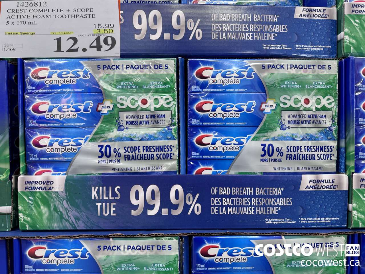 1426812 CREST COMPLETE + SCOPE ACTIVE FOAM TOOTHPASTE 5 x 170ml  ($3.50 INSTANT SAVINGS EXPIRES ON 2024-07-28) $12.49
