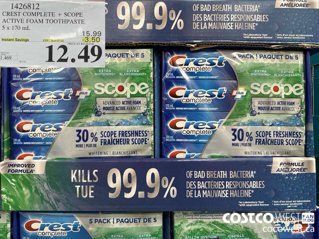 1426812 CREST COMPLETE + SCOPE ACTIVE FOAM TOOTHPASTE 5 x 170ml  ($3.50 INSTANT SAVINGS EXPIRES ON 2024-07-28) $12.49