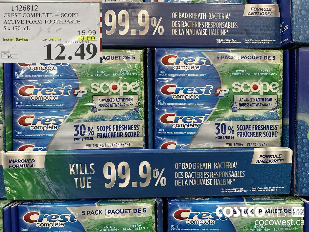 1426812 CREST COMPLETE + SCOPE ACTIVE FOAM TOOTHPASTE 5 x 170ml  ($3.50 INSTANT SAVINGS EXPIRES ON 2024-07-28) $12.49