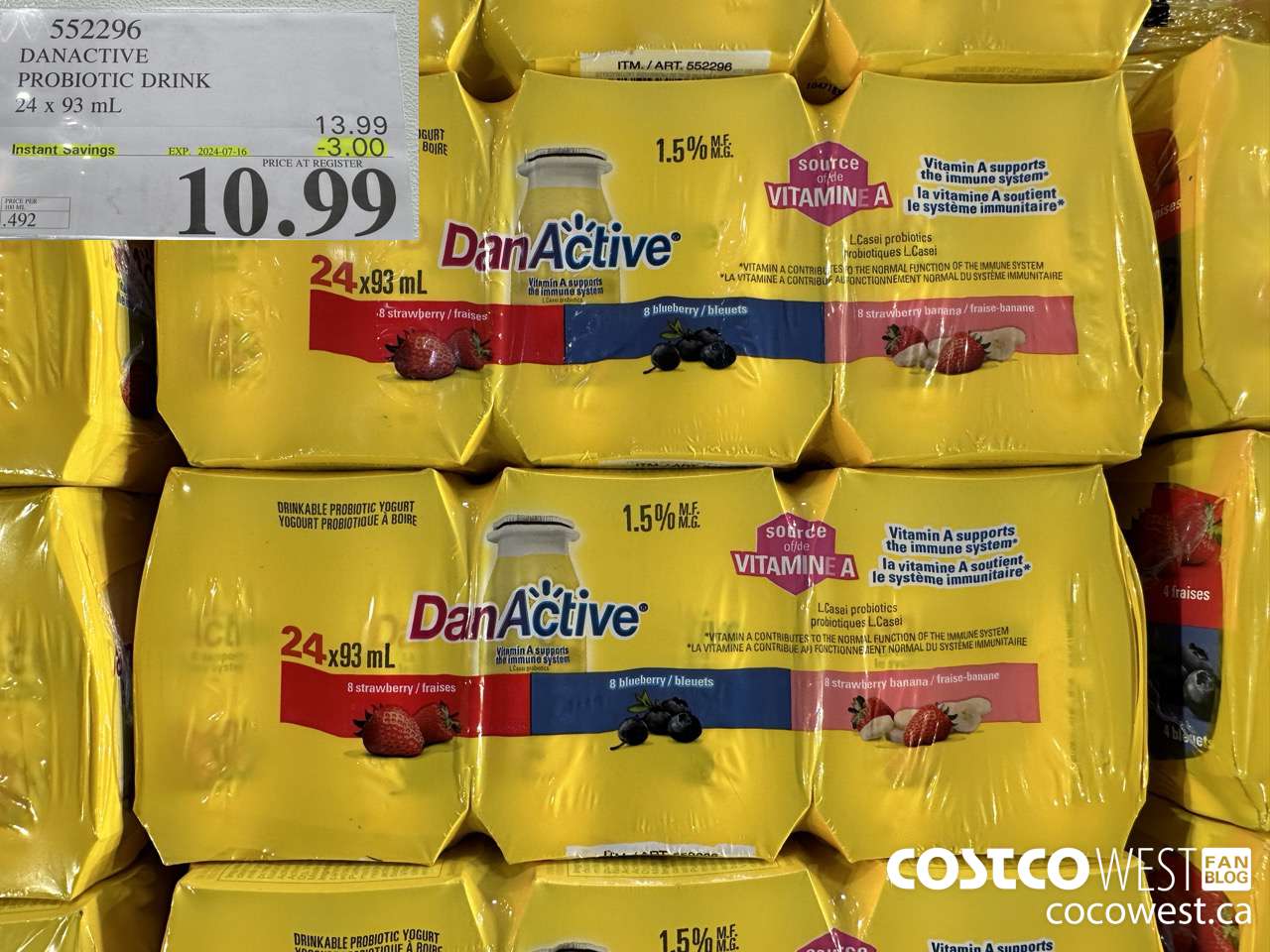 552296 DANACTIVE PROBIOTIC DRINK 24 x 93 mL ($3.00 INSTANT SAVINGS EXPIRES ON 2024-07-16) $10.99