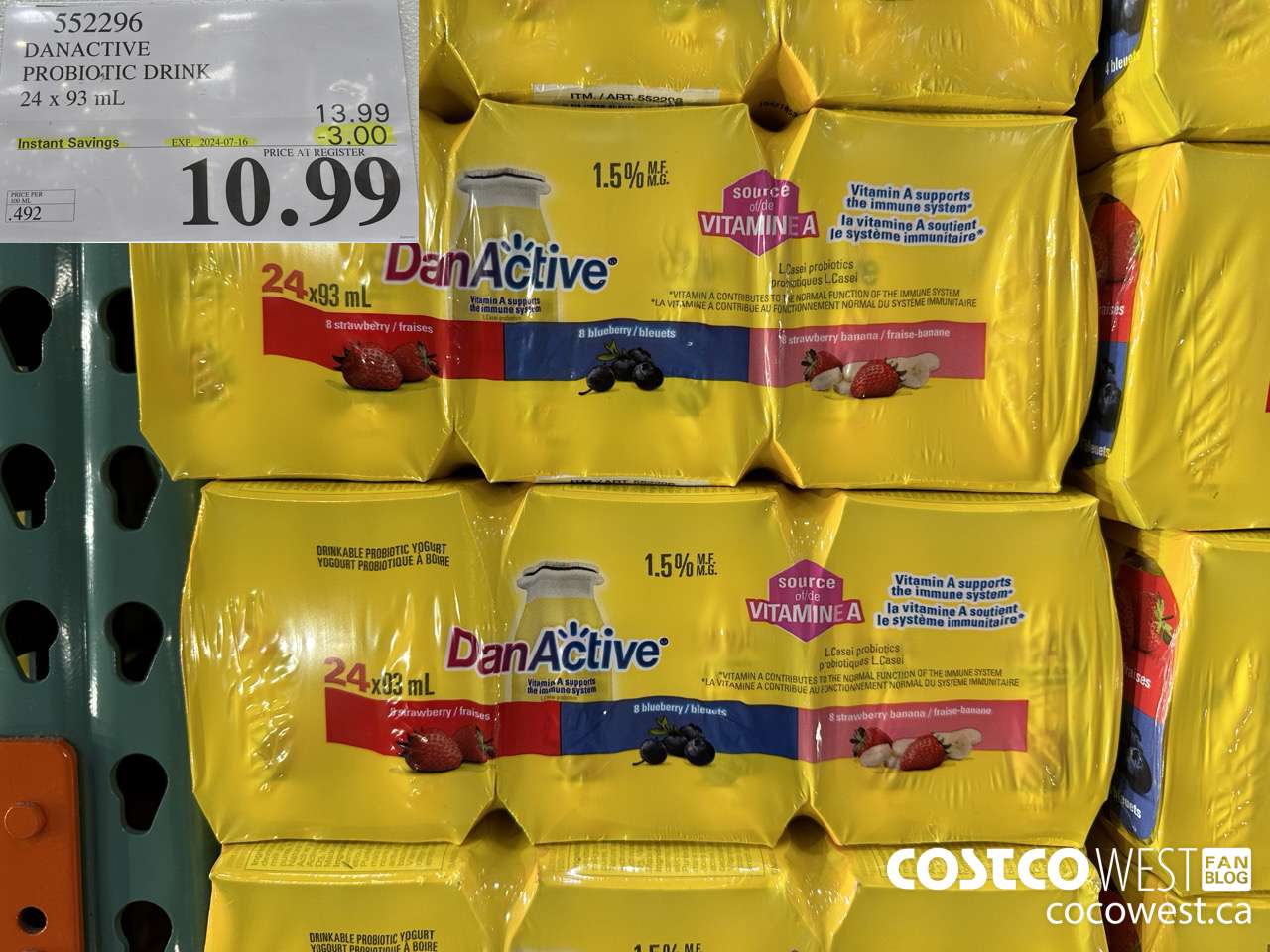 552296 DANACTIVE PROBIOTIC DRINK 24 x 93 mL ($3.00 INSTANT SAVINGS EXPIRES ON 2024-07-16) $10.99