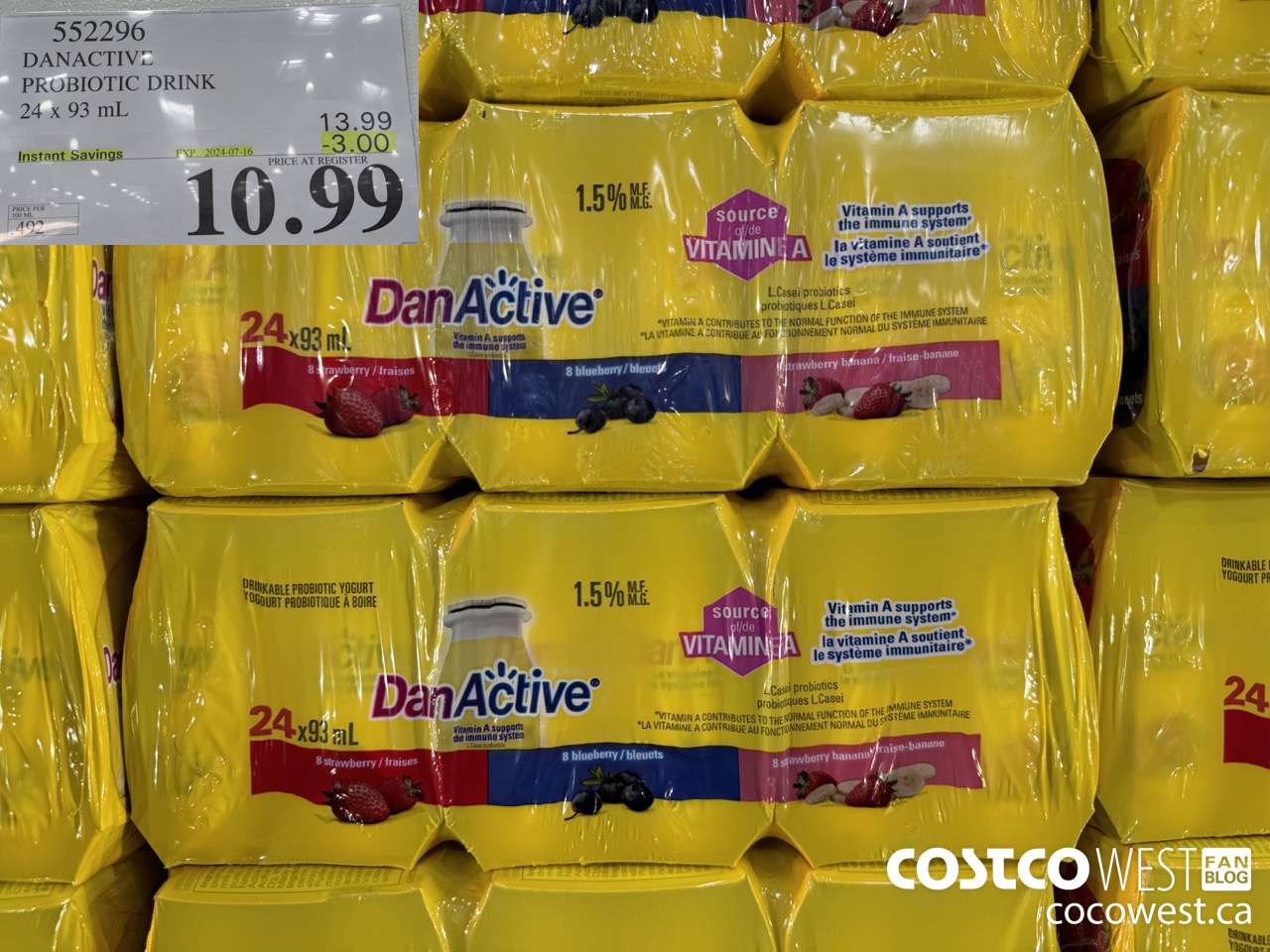 552296 DANACTIVE PROBIOTIC DRINK 24 x 93 mL ($3.00 INSTANT SAVINGS EXPIRES ON 2024-07-16) $10.99