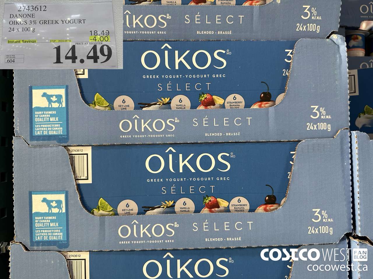 2743612 DANONE OIKOS 3% GREEK YOGURT 24 X 100 G ($4.00 INSTANT SAVINGS EXPIRES ON 2024-09-01) $14.49