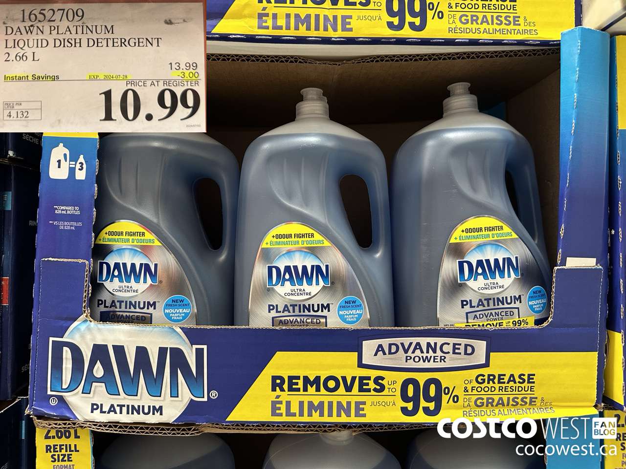 1652709 DAWN PLATINUM LIQUID DISH DETERGENT 2.66L ($3.00 INSTANT SAVINGS EXPIRES ON 2024-07-28) $10.99