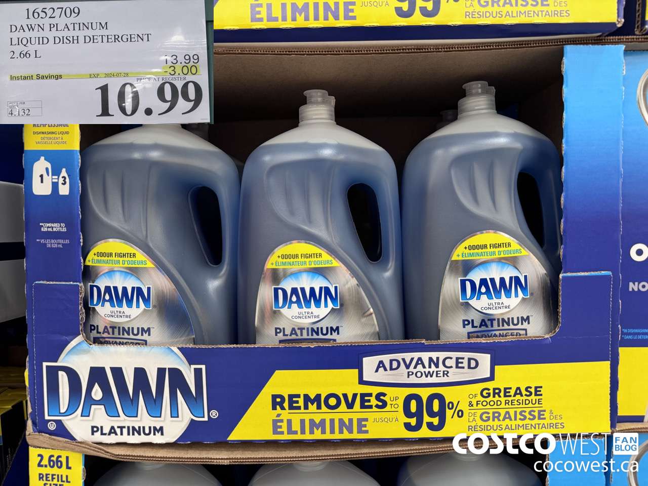 1652709 DAWN PLATINUM LIQUID DISH DETERGENT 2.66L ($3.00 INSTANT SAVINGS EXPIRES ON 2024-07-28) $10.99