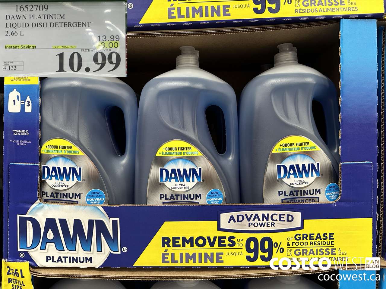 1652709 DAWN PLATINUM LIQUID DISH DETERGENT 2.66L ($3.00 INSTANT SAVINGS EXPIRES ON 2024-07-28) $10.99