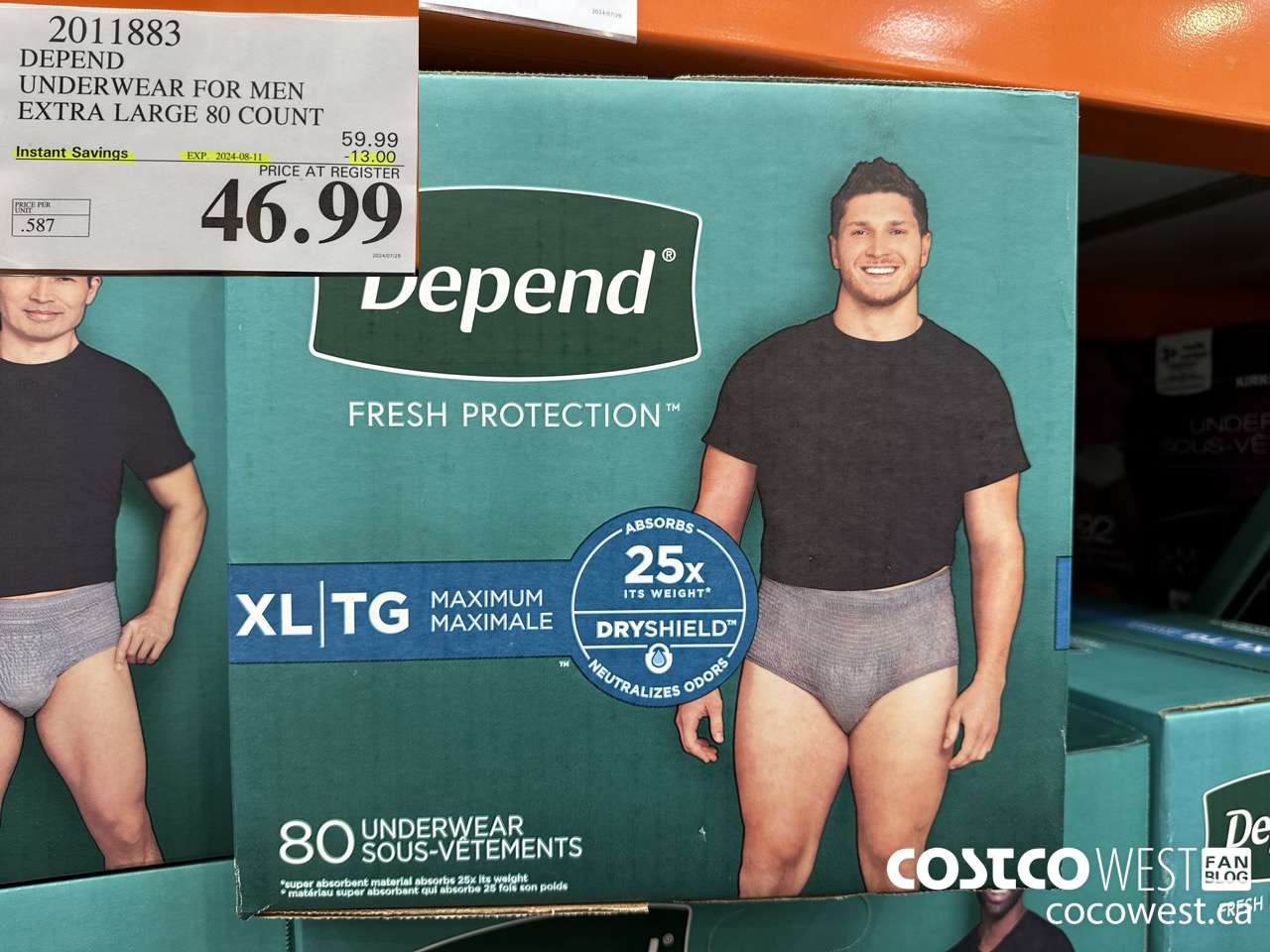 2011883 DEPEND UNDERWEAR FOR MEN X-LARGE 80 COUNT ($13.00 INSTANT SAVINGS EXPIRES ON 2024-08-11) $46.66