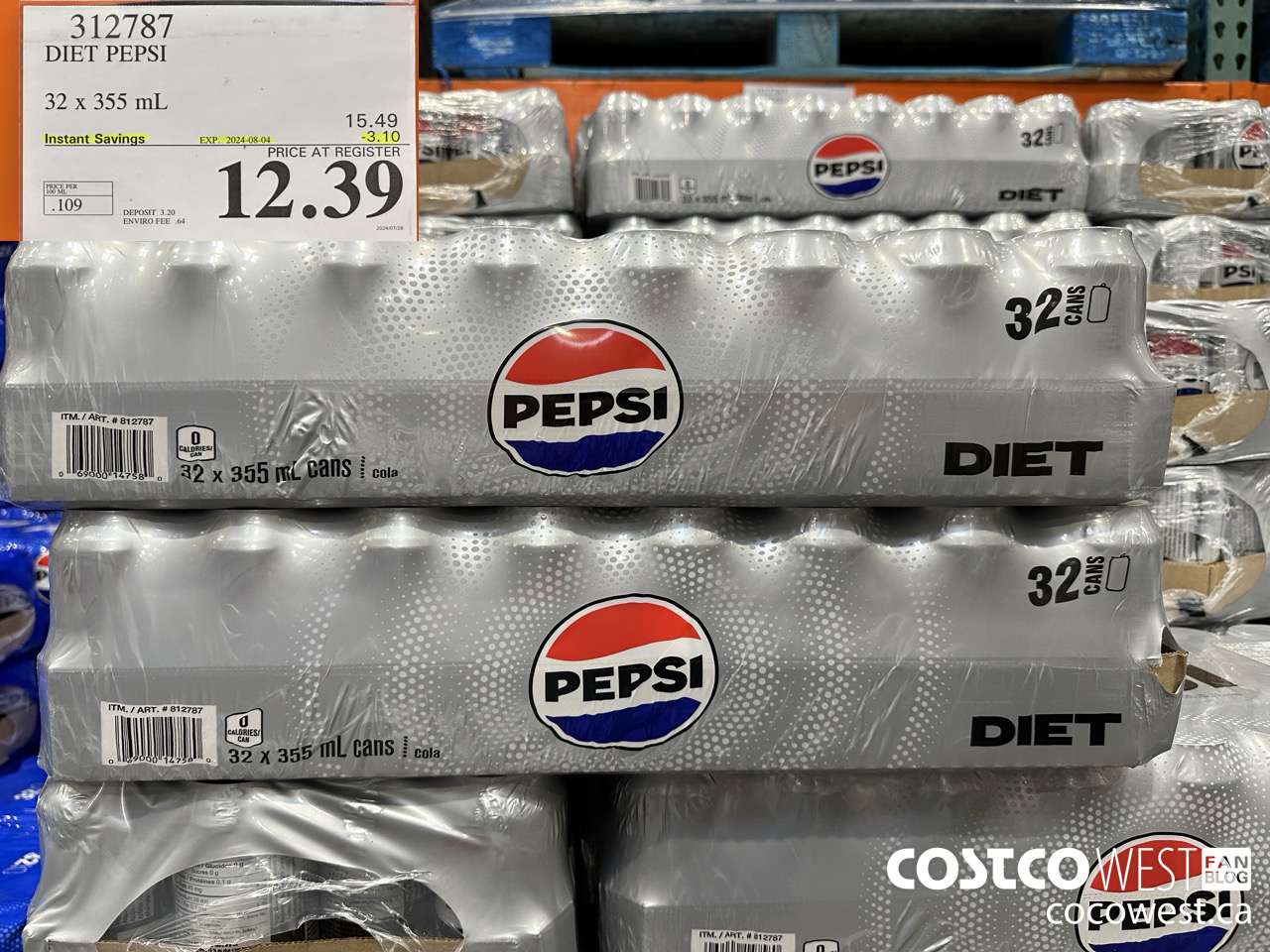 312787 DIET PEPSI 32 X 355 ML ($3.10 INSTANT SAVINGS EXPIRES ON 2024-08-04) $12.39