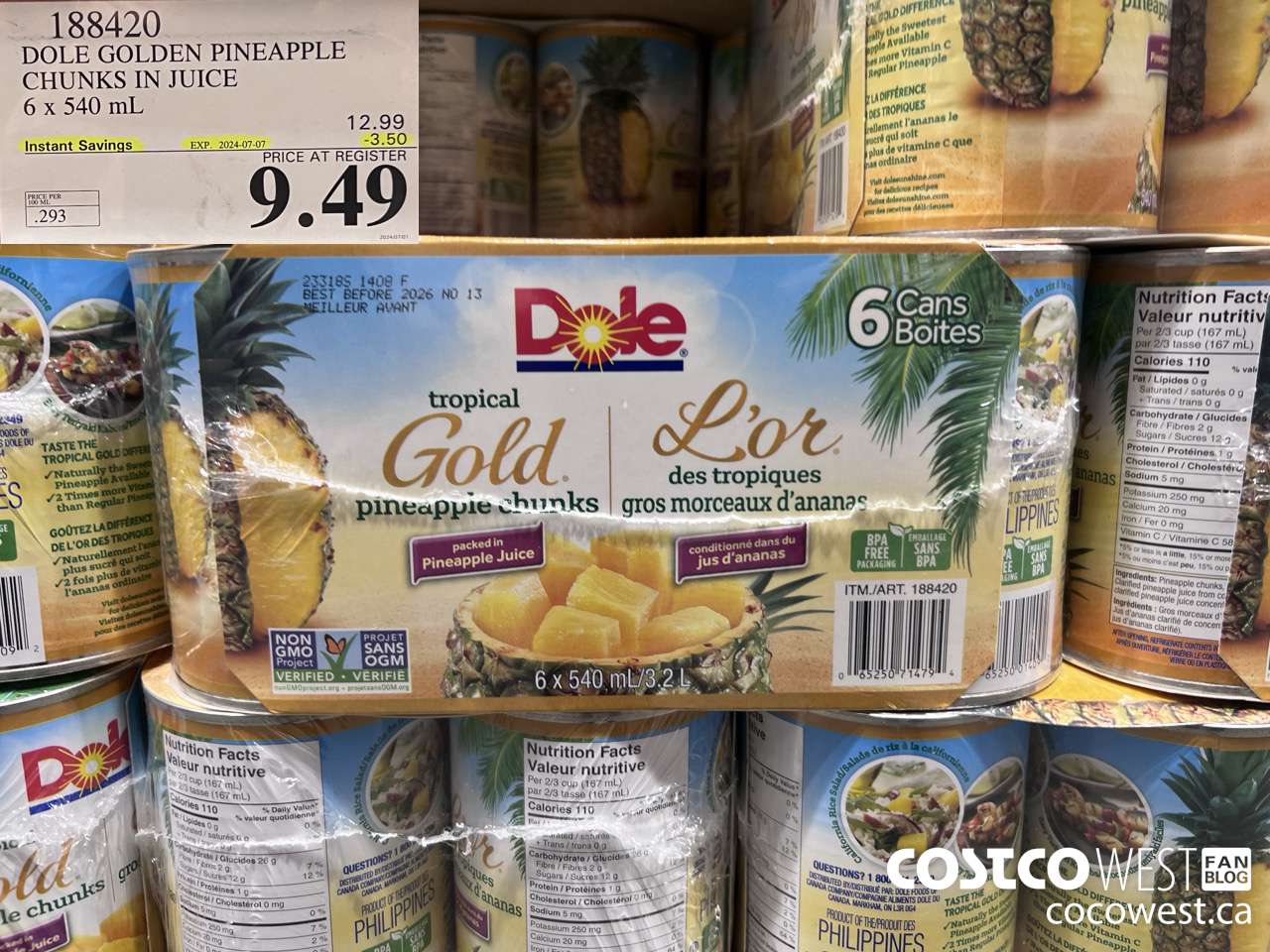 188420 DOLE GOLDEN PINEAPPLE CHUNKS IN JUICE 6 x 540 mL ($3.50 INSTANT SAVINGS EXPIRES ON 2024-07-07) $9.49