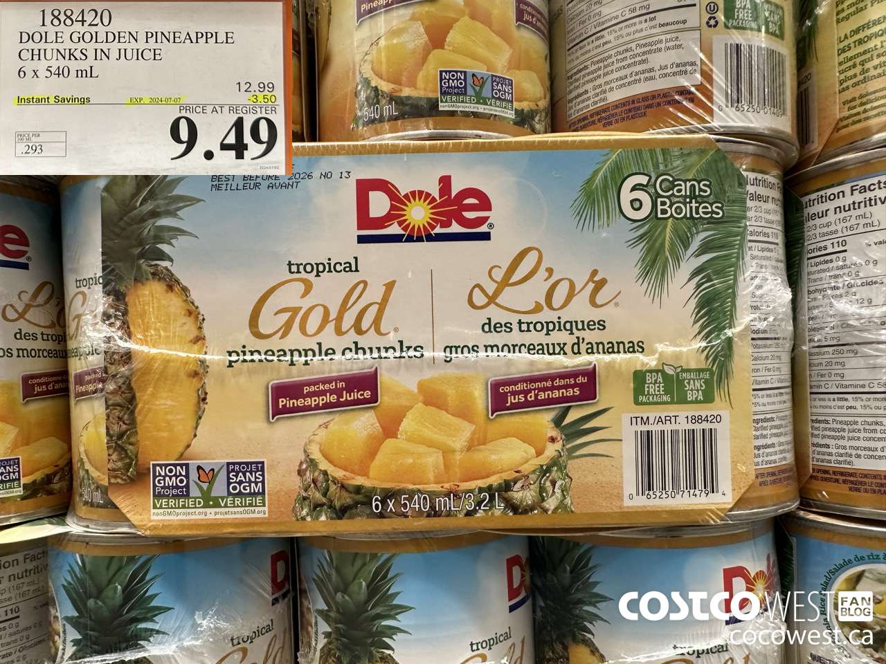 188420 DOLE GOLDEN PINEAPPLE CHUNKS IN JUICE 6 x 540 mL ($3.50 INSTANT SAVINGS EXPIRES ON 2024-07-07) $9.49