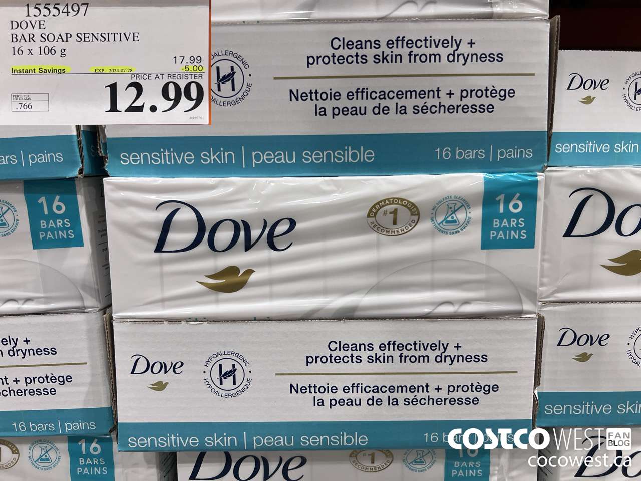 1555497 DOVE BAR SOAP SENSITIVE SKIN 16 x 106 g ($5.00 INSTANT SAVINGS EXPIRES ON 2024-07-28) $12.99
