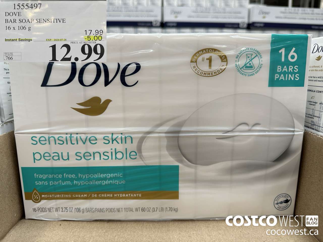 1555497 DOVE BAR SOAP SENSITIVE SKIN 16 x 106 g ($5.00 INSTANT SAVINGS EXPIRES ON 2024-07-28) $12.99