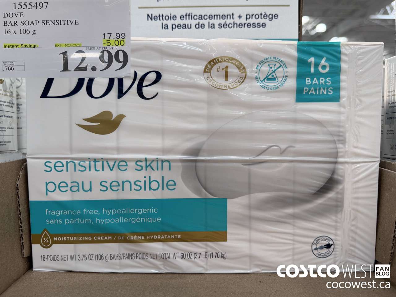 1555497 DOVE BAR SOAP SENSITIVE SKIN 16 x 106 g ($5.00 INSTANT SAVINGS EXPIRES ON 2024-07-28) $12.99