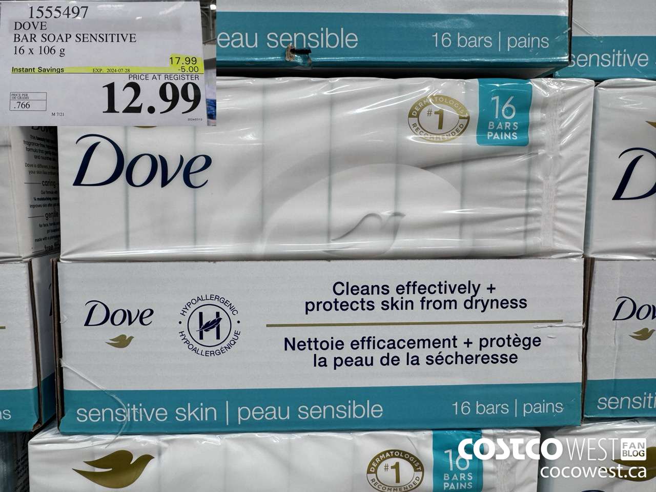 1555497 DOVE BAR SOAP SENSITIVE SKIN 16 x 106 g ($5.00 INSTANT SAVINGS EXPIRES ON 2024-07-28) $12.99