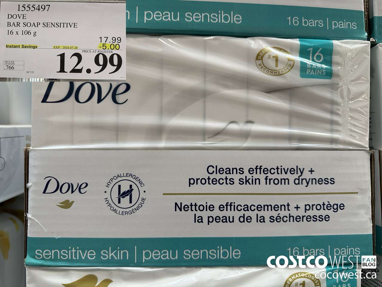 1555497 DOVE BAR SOAP SENSITIVE SKIN 16 x 106 g ($5.00 INSTANT SAVINGS EXPIRES ON 2024-07-28) $12.99
